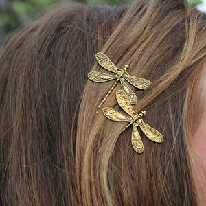Gold Dragonfly Bobby Pins, Set of Two, Antique Gold, Gold Insect Pin, Nickel Free Dragonflies, Dragonflies, Dragonfly Hair Clips, Dragonfly