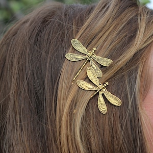 Gold Dragonfly Bobby Pins, Set of Two, Antique Gold, Gold Insect Pin, Nickel Free Dragonflies, Dragonflies, Dragonfly Hair Clips, Dragonfly