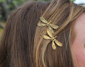 Gouden Dragonfly Bobby Pins, set van twee, antiek goud, gouden insectenpin, nikkelvrije libellen, libellen, Dragonfly Hair Clips, Dragonfly