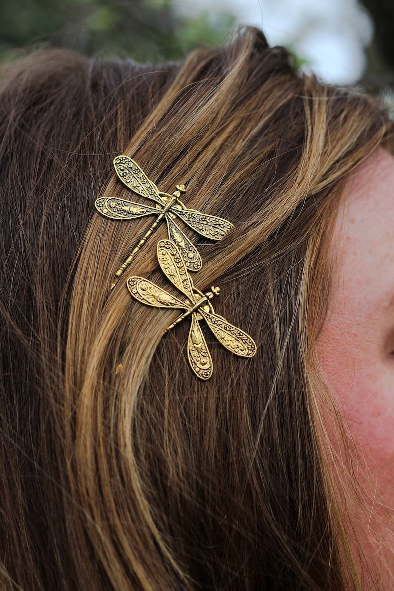 Gold Dragonfly Bobby Pins, Set of Two, Antique Gold, Gold Insect Pin, Nickel Free Dragonflies, Dragonflies, Dragonfly Hair Clips, Dragonfly image 4