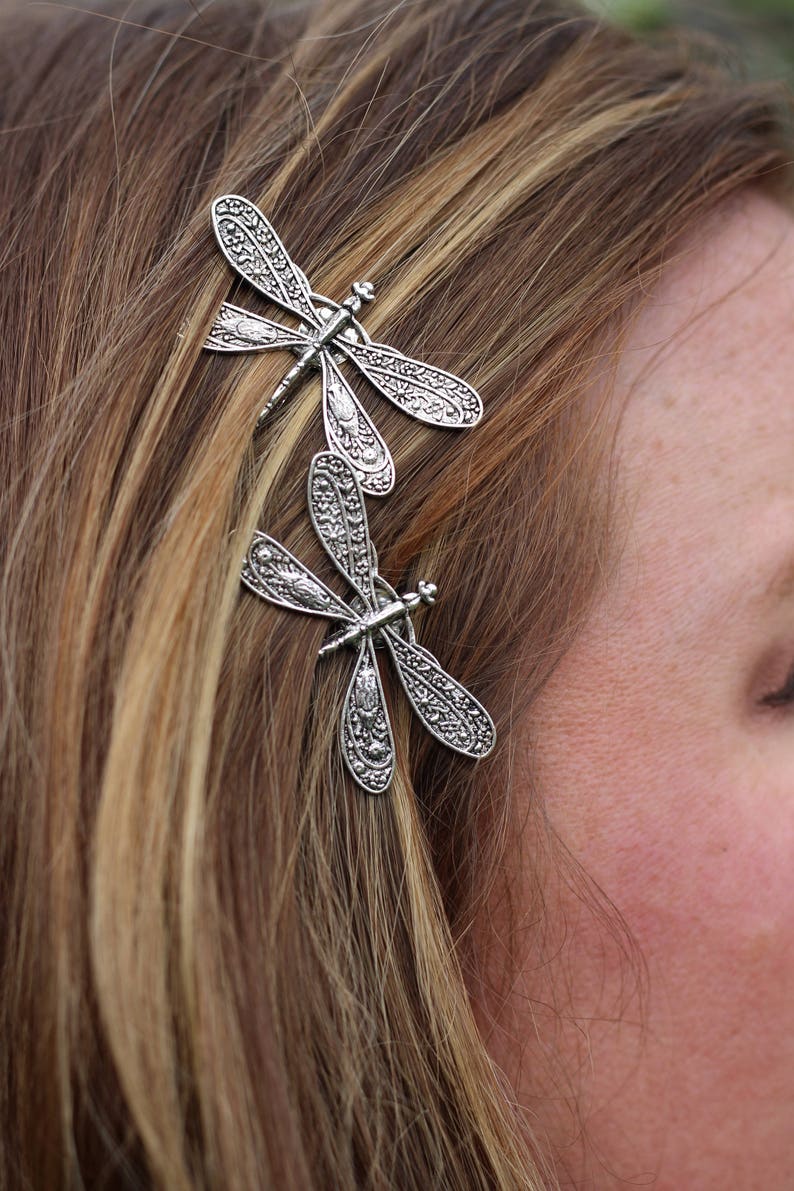 Dragonfly Bobby Pins, Set of Two, Antique Silver, Nickel Free Dragonflies, Dragonflies, Dragonfly Hair Clips, Silver Dragonflies image 4