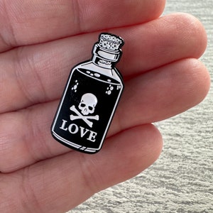 Love Potion Pin, Skeleton Pin, Skull and Crossbones Pin, Love Potion, Skull Pin, Halloween Pin, Clothing Pin, Punk Clothing Pin, White Skull