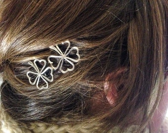 Silver Four Leaf Clover Bobby Pin Set for St. Patrick's Day, Clover Hair Pins - Silver Clovers, Shamrocks, Silver Shamrock Bobby Pins