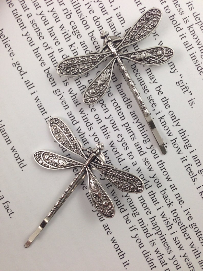 Dragonfly Bobby Pins, Set of Two, Antique Silver, Nickel Free Dragonflies, Dragonflies, Dragonfly Hair Clips, Silver Dragonflies image 5