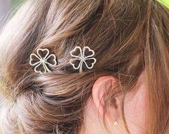 Silver Four Leaf Shamrock Bobby Pins, Set of Two, Four Leaf Clover Bobby Pin, Silver Shamrock, Four Leaves, Luck of the Irish