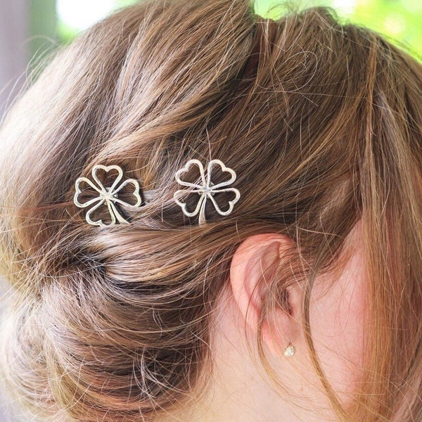 Silver Four Leaf Shamrock Bobby Pins, Set of Two, Four Leaf Clover Bobby Pin, Silver Shamrock, Four Leaves, Luck of the Irish
