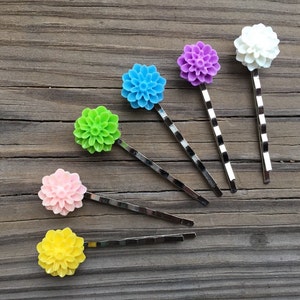 Colorful Dahlias, Dahlia Flower Bobby Pin Set of Six, Six Purple, White, Yellow, Green, Pink, White & Blue Dahila Flower Bobby Pins