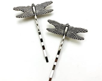 Dragonfly Bobby Pins, Set of Two, Antique Silver, Nickel Free Dragonflies, Dragonflies, Dragonfly Hair Clips, Silver Dragonflies