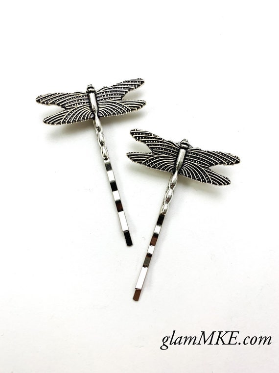 Dragonfly Bobby Pins Set Of Two Antique Silver Nickel Free Etsy