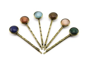 Cat Eye Bobby Pins, Fashion Hair Accessories, Antique Bronze Bobby Pins, Antique Bronze, Set of Mixed Color Gems, Cat Eye, Colorful Pins