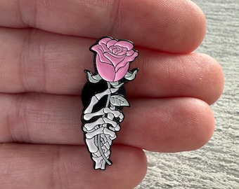 Skeleton Hand and Rose Pin, Pink Rose Pin, Halloween Pin, Skeleton Hand Pin, Punk Pin, Clothing Pin, Skeleton Rose Pin, Skeleton Rose,
