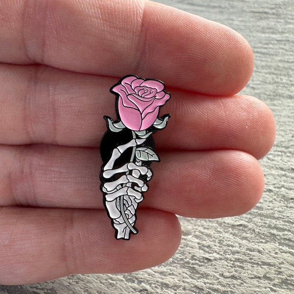 Skeleton Hand and Rose Pin, Pink Rose Pin, Halloween Pin, Skeleton Hand Pin, Punk Pin, Clothing Pin, Skeleton Rose Pin, Skeleton Rose,