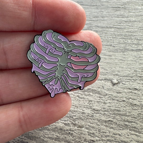 Purple and Pink Skeleton Ribcage Heart Pin, Skeleton Pin, Purple Skeleton Pin, Pink Skeleton Pin, Ribcage Pin, Punk Pin, Halloween Pin