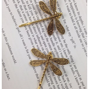 Gold Dragonfly Bobby Pins, Set of Two, Antique Gold, Gold Insect Pin, Nickel Free Dragonflies, Dragonflies, Dragonfly Hair Clips, Dragonfly image 5