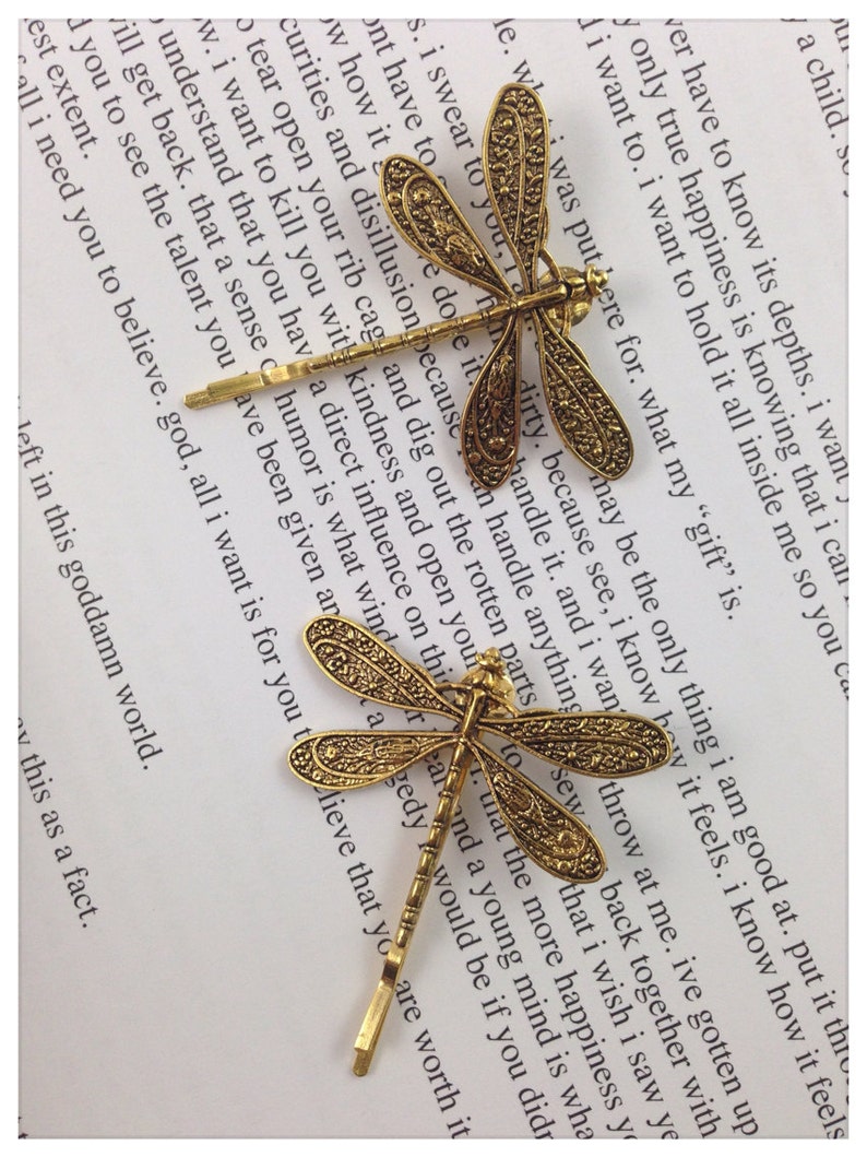 Gold Dragonfly Bobby Pins, Set of Two, Antique Gold, Gold Insect Pin, Nickel Free Dragonflies, Dragonflies, Dragonfly Hair Clips, Dragonfly image 5