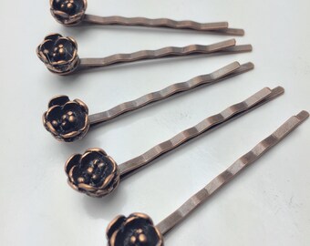 Antique Bronze Rose Flower, Bud Bobby Pin Set of Five, Rose Flower Bobby Pin, Bronze Bobby Pins , Flower Bobby Pin, Antique Bronze Bobby Pin