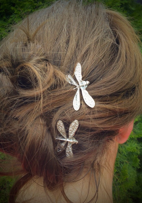 Dragonfly Bobby Pins Set Of Two Antique Silver Nickel Free Etsy