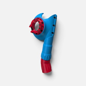 May include: A mechanical component featuring a bright blue textured body with a circular red mounting bracket attached to the side. The bracket is secured with multiple black screws. The lower section includes a blue collar and a red cylindrical end.