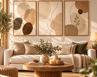 Neutral Abstract Wall Art Set of 3, Minimalist Boho Beige Brown Prints, Digital Download