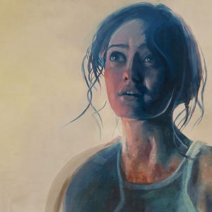 May include: A painting of a person with dark hair looking upward, rendered in shades of blue and warm tan. The subject wears a light-colored tank top. The artist's signature, Joseph Oland, is visible in the bottom right corner of the artwork.