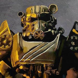 May include: A stylized painting of a T-45 power armor suit from the Fallout series. The armor is rendered in shades of metallic gold and dark bronze, featuring a prominent helmet with a circular respirator, shoulder pauldrons, and chest plating.