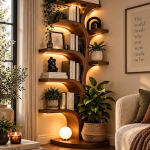 Handgemaakte gebogen boekenplank van walnotenhout – LED-displayplank in boomvorm