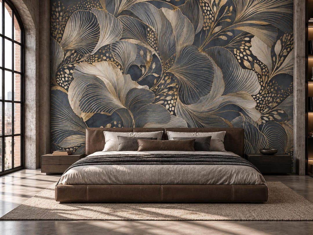 Navy Gold Botanical Wallpaper | Dark Blue Leaf Pattern | Peel and Stick ...