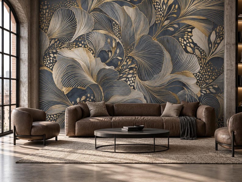 Navy Gold Botanical Wallpaper | Dark Blue Leaf Pattern | Peel and Stick ...
