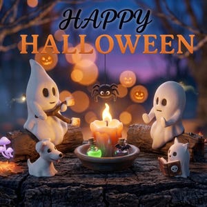 Puede incluir: Dos figuras de fantasmas blancos, un perro pequeño blanco y un fantasma diminuto leyendo un libro se reúnen alrededor de una vela central en un cuenco. Una araña negra cuelga encima y el texto HAPPY HALLOWEEN aparece en naranja arriba.