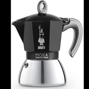 May include: A black and silver Bialetti Moka Induction stovetop coffee maker with a metallic handle and lid knob. The upper chamber features the Bialetti logo and the text MOKA INDUCTION printed on the base. The lower chamber is polished silver.