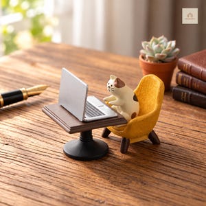 Puede incluir: Una figura en miniatura de un gato blanco y marrón sentado en un sillón amarillo texturizado frente a una pequeña mesa marrón con un portátil plateado. La escena incluye una pluma estilográfica negra, una suculenta y tres libros marrones.