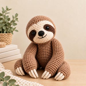 Peut inclure: Une peluche paresseux crochetée avec un corps marron clair, un visage crème et des taches marron foncé autour de ses yeux en plastique noir. Elle possède un petit nez et une bouche brodés en noir, ainsi que des griffes crème sur ses quatre membres.