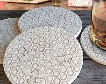 Set of 4 Bee Honeycomb Absorbent Drink Coasters, Handmade in USA