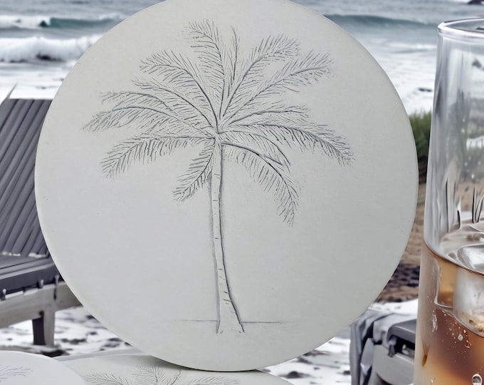 Palm Tree Absorbent Stone Drink Coasters for Beach House, Set of 4