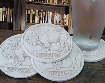 Buffalo Nickel Absorbent Drink Coasters for Coin Collectors or libraries