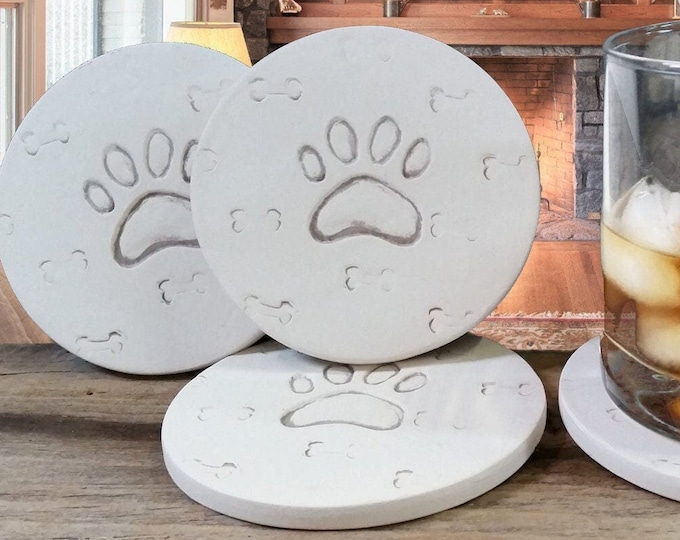 Dog Paw Drink Coasters: Absorbent Bisque Clay, Set of 4, Handmade in USA