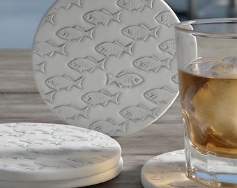 Set of 4 Fish School Absorbent Stone Drink Coasters, Handmade in USA