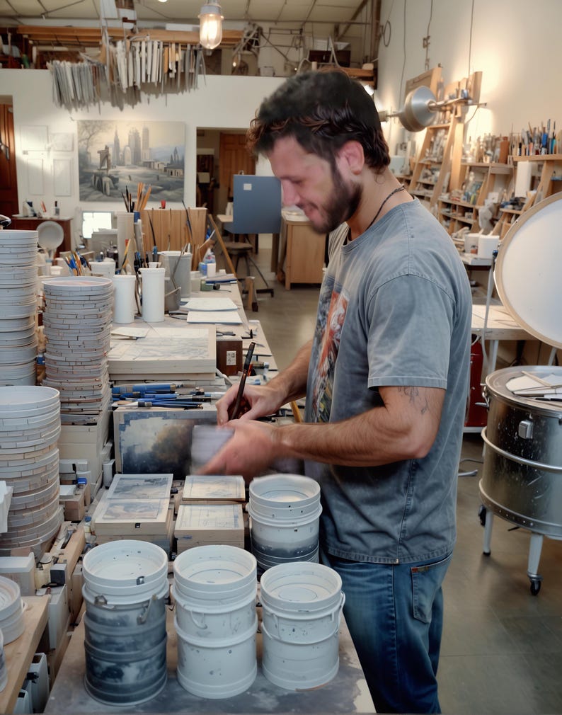 May include: A man in a grey t-shirt and blue jeans is working on a project in a pottery studio. He is surrounded by ceramic pieces, including a stack of round plates and several white buckets. The studio is well-lit and has a variety of tools and equipment.