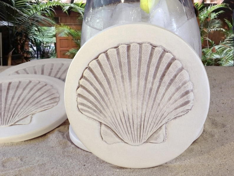 Shell Glass Coaster Beach House Shell Coasters - Absorbent Ceramic Drink Coasters, Set of 4 ...