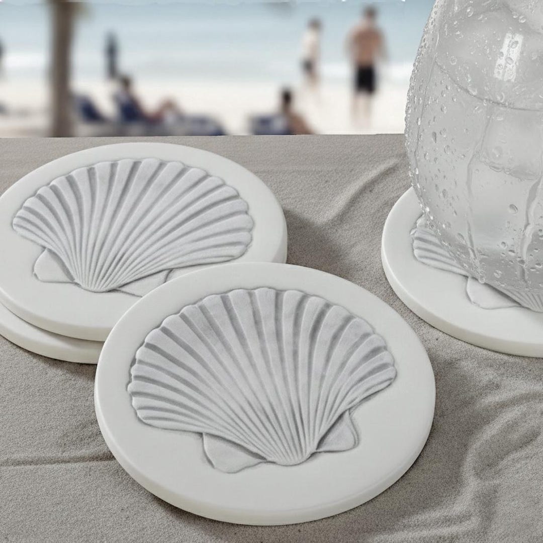 Shell Rim Coasters Scallop Shell Absorbent Stone Coasters, Beach House, Set of 4, Handmade ...