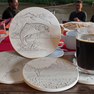 Trout Scene Fly Fishing Coasters, Set of 4 Absorbent Rustic Cabin Decor
