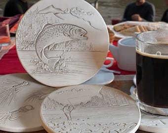 Trout Scene Fly Fishing Coasters, Set of 4 Absorbent Rustic Cabin Decor