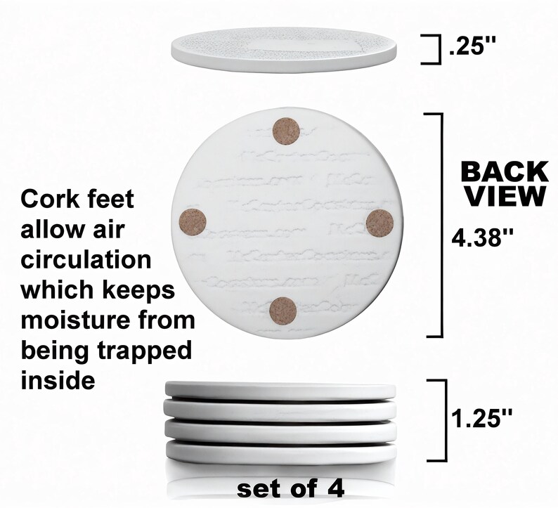 May include: Set of four white ceramic coasters with cork feet. Each coaster measures 4.38 inches in diameter and 0.25 inches thick. The coasters are stacked on top of each other, with the top coaster showing the cork feet.