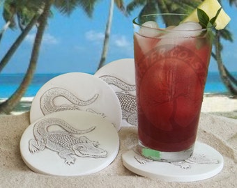 Alligator Absorbent Drink Coasters for Beach House | Aligator Gift | Aligator Lover Gift | Crocodile Art