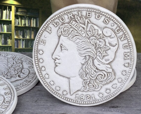 MORGAN 1921 SILVER DOLLAR STONE COASTERS set of 4