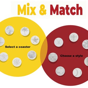 May include: A graphic display titled Mix & Match featuring two overlapping circles in yellow and red. The yellow circle contains white circular coasters with images of a pelican, palm tree, starfish, shell, coral, sailboat, and sand dollar. Text reads Select a coaster.