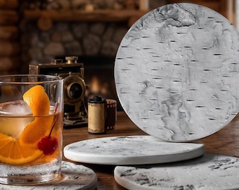 Set of 4 Absorbent Birch Bark Drink Coasters for Cabin Decor, Made in USA