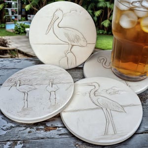 Absorbent Shore Birds Drink Coasters - Heron, Pelican, Sand Pipers, Flamingo for Beach House decor - Made in USA