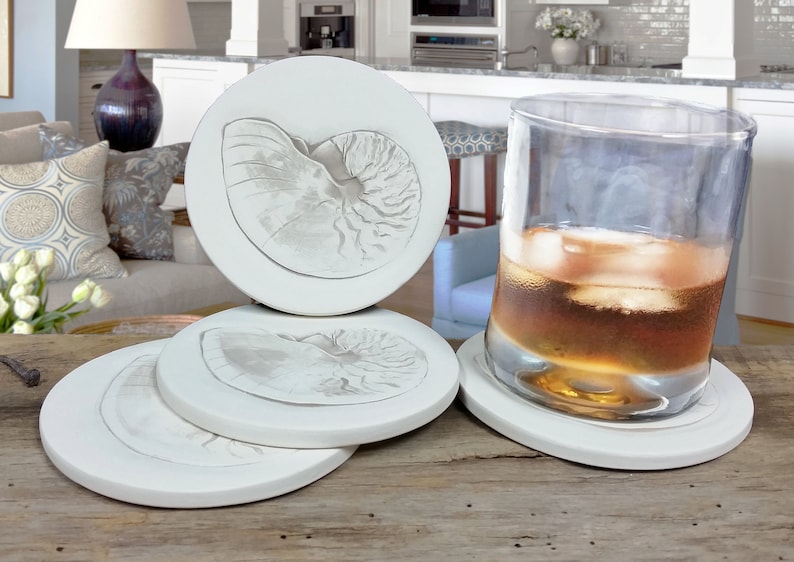 Shell Glass Coaster Beach House Shell Coasters - Absorbent Ceramic Drink Coasters, Set of 4 ...
