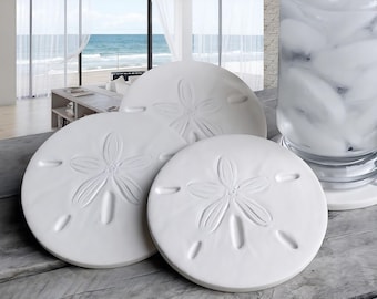 Sand Dollar Absorbent Stone Drink Coasters, Set of 4, For Beach House Decor